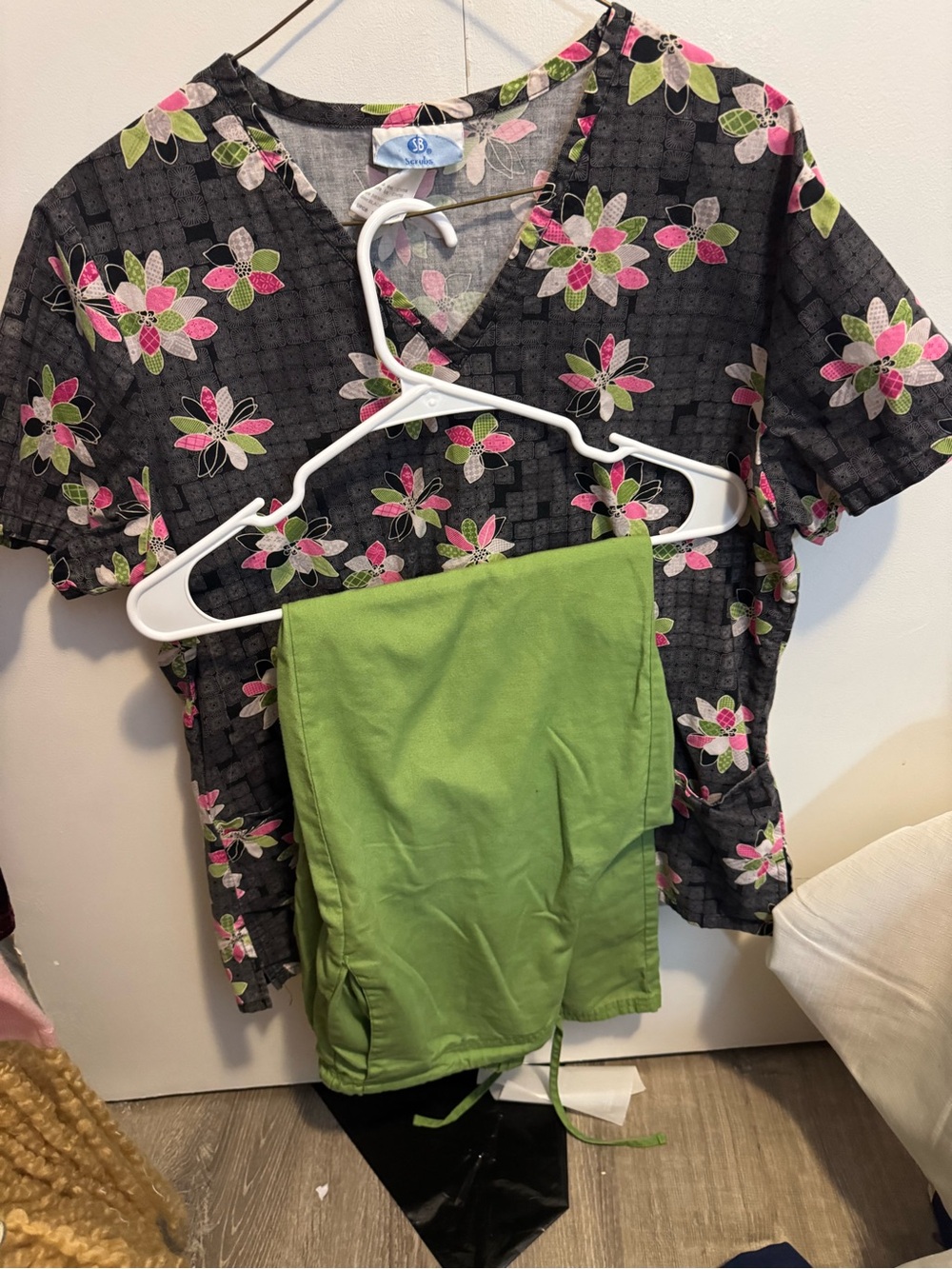 SB scrubs, top and pants , green pants, multi color top